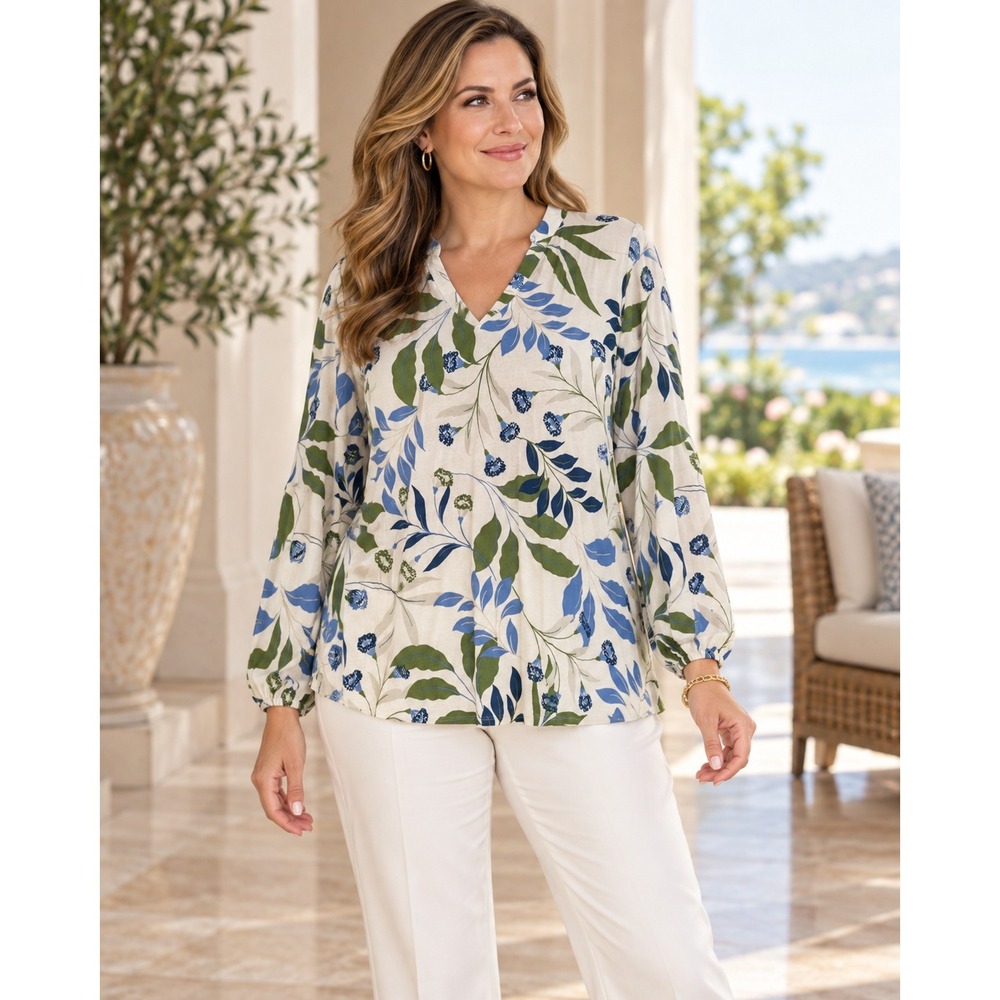 Belle by Kim Gravel Top Womens M Blue Green Floral Leaf V-Neck Long Sleeve